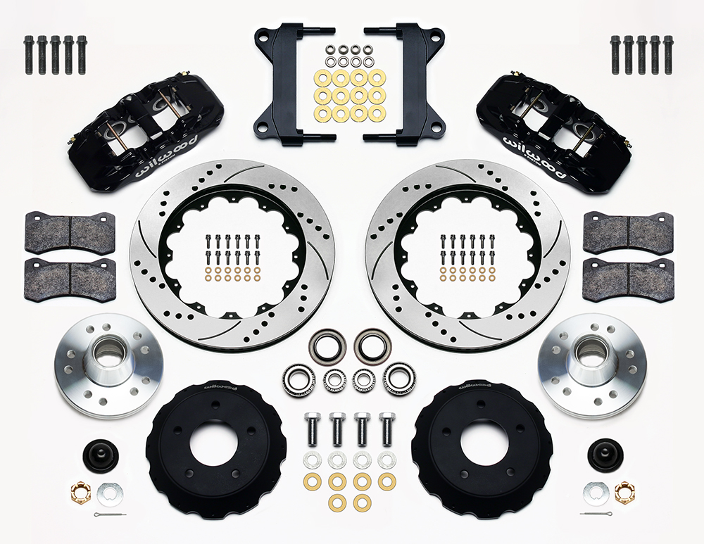 Wilwood AERO6 Big Brake Front Brake Kit Parts Laid Out - Black Powder Coat Caliper - SRP Drilled & Slotted Rotor