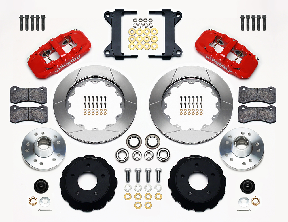 Wilwood AERO6 Big Brake Front Brake Kit Parts Laid Out - Red Powder Coat Caliper - GT Slotted Rotor