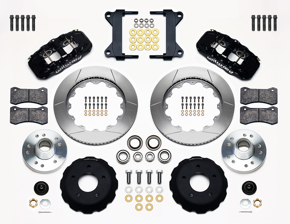 Wilwood AERO6 Big Brake Front Brake Kit Parts Laid Out - Black Powder Coat Caliper - GT Slotted Rotor