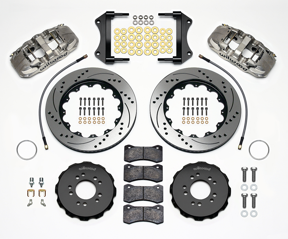 Wilwood AERO6 Big Brake Front Brake Kit Parts Laid Out - Nickel Plate Caliper - SRP Drilled & Slotted Rotor