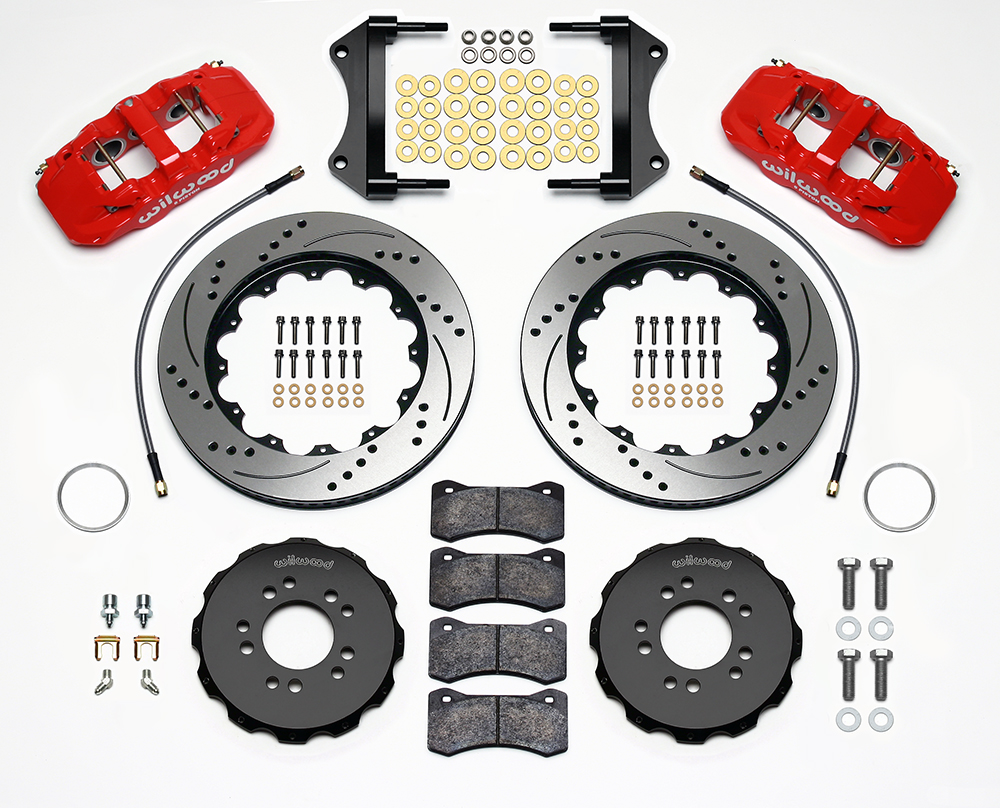 Wilwood AERO6 Big Brake Front Brake Kit Parts Laid Out - Red Powder Coat Caliper - SRP Drilled & Slotted Rotor