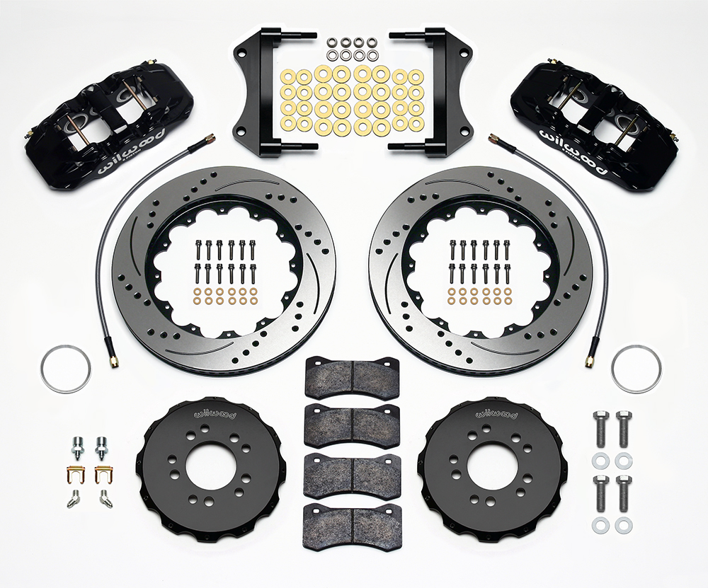 Wilwood AERO6 Big Brake Front Brake Kit Parts Laid Out - Black Powder Coat Caliper - SRP Drilled & Slotted Rotor