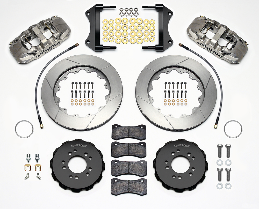 Wilwood AERO6 Big Brake Front Brake Kit Parts Laid Out - Nickel Plate Caliper - GT Slotted Rotor