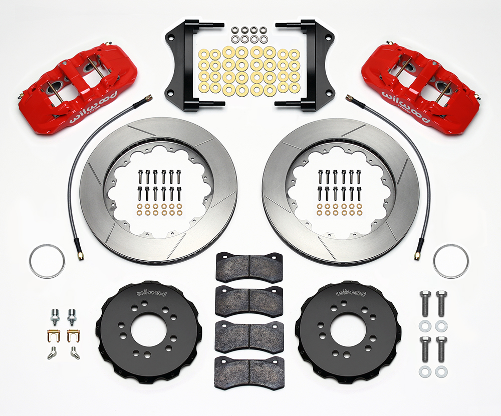 Wilwood AERO6 Big Brake Front Brake Kit Parts Laid Out - Red Powder Coat Caliper - GT Slotted Rotor