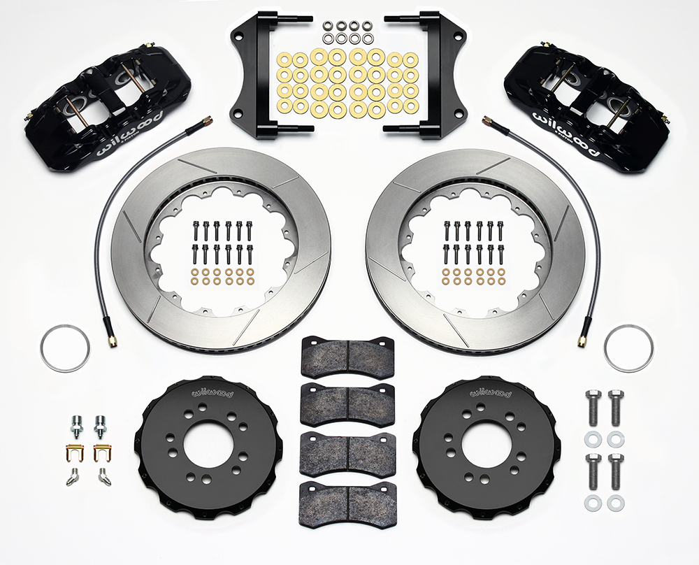 Wilwood AERO6 Big Brake Front Brake Kit Parts Laid Out - Black Powder Coat Caliper - GT Slotted Rotor