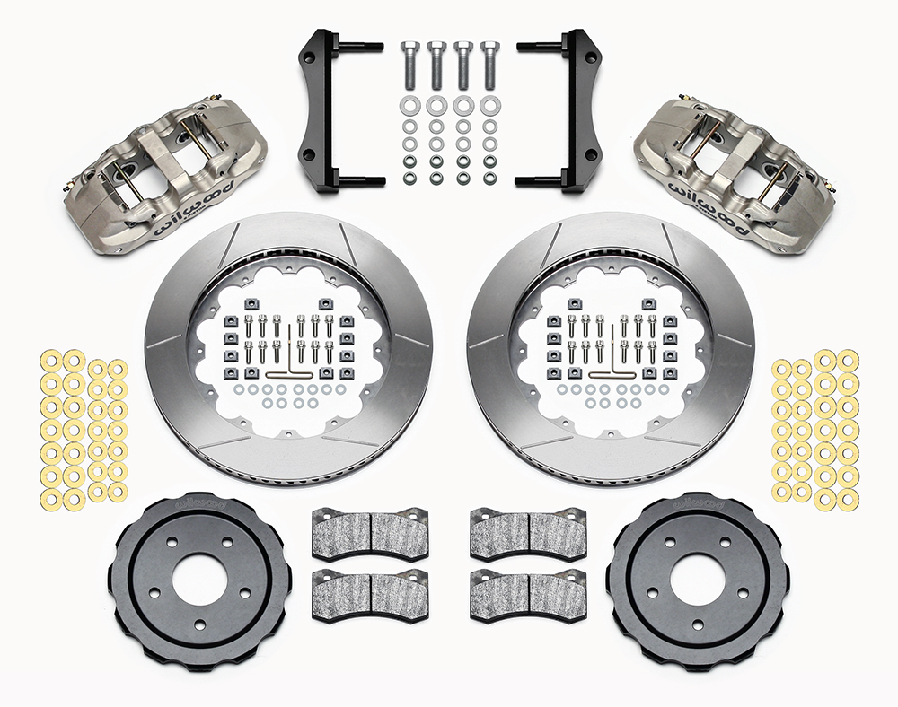 Wilwood AERO6 Big Brake Front Brake Kit (Race) Parts Laid Out - Nickel Plate Caliper - GT Slotted Rotor