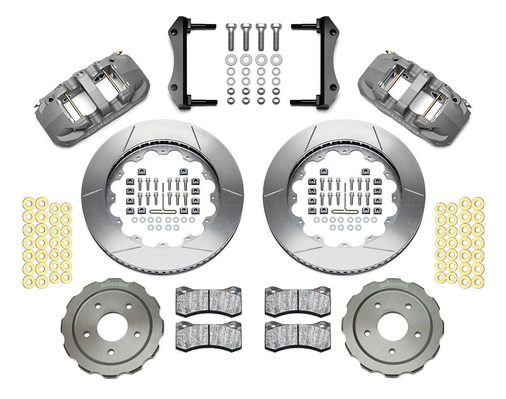 Wilwood AERO6 Big Brake Front Brake Kit (Race) Parts Laid Out - Type III Anodize Caliper - GT Slotted Rotor