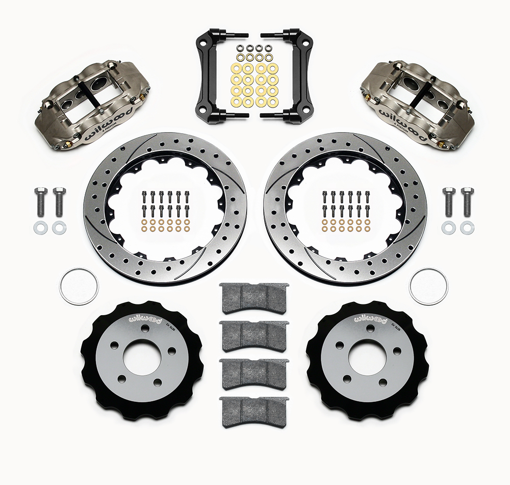 Wilwood Forged Narrow Superlite 6R Big Brake Front Brake Kit (Hat) Parts Laid Out - Nickel Plate Caliper - SRP Drilled & Slotted Rotor