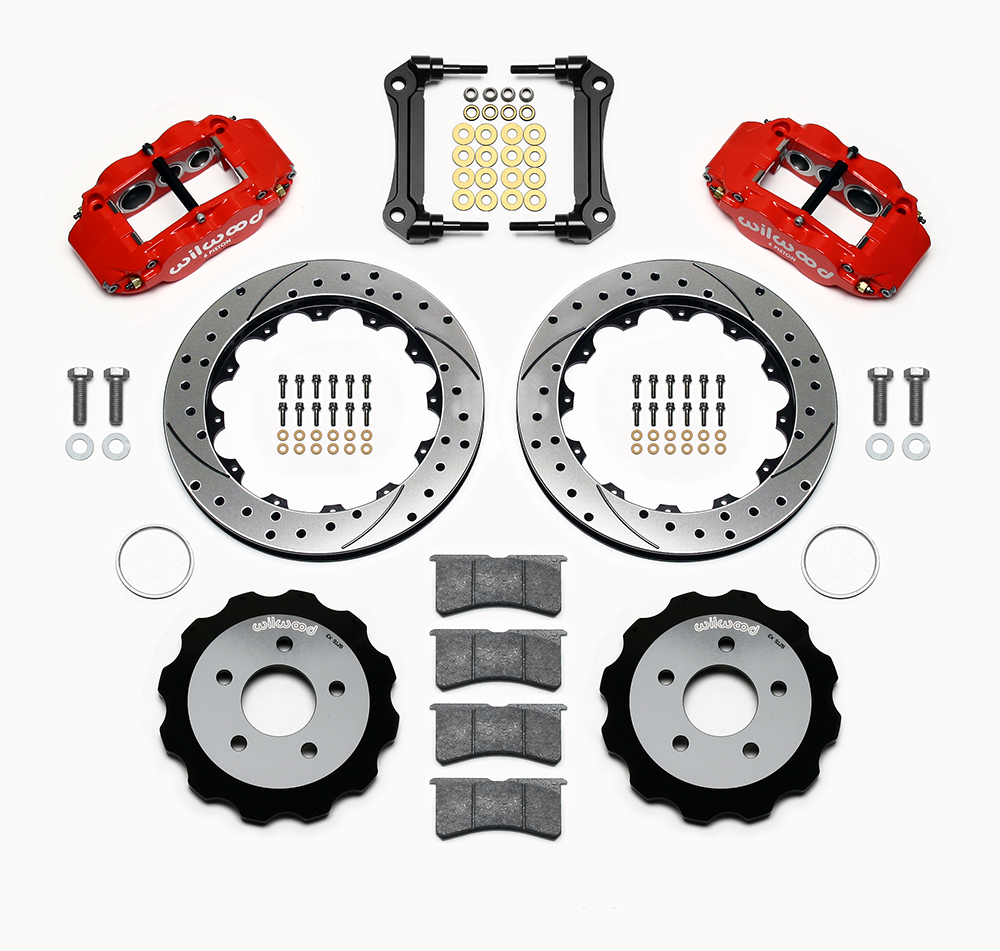 Wilwood Forged Narrow Superlite 6R Big Brake Front Brake Kit (Hat) Parts Laid Out - Red Powder Coat Caliper - SRP Drilled & Slotted Rotor