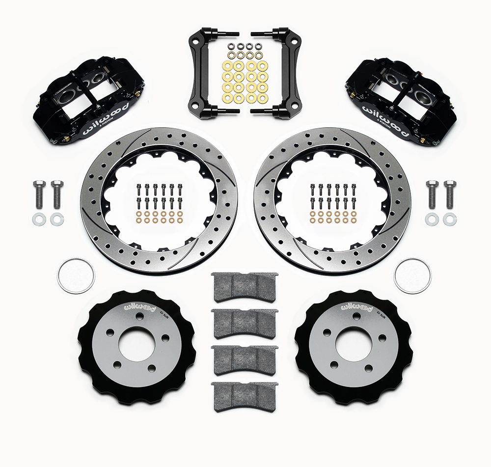 Wilwood Forged Narrow Superlite 6R Big Brake Front Brake Kit (Hat) Parts Laid Out - Black Powder Coat Caliper - SRP Drilled & Slotted Rotor