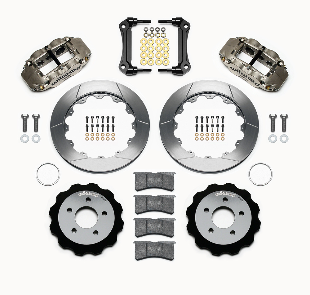 Wilwood Forged Narrow Superlite 6R Big Brake Front Brake Kit (Hat) Parts Laid Out - Nickel Plate Caliper - GT Slotted Rotor