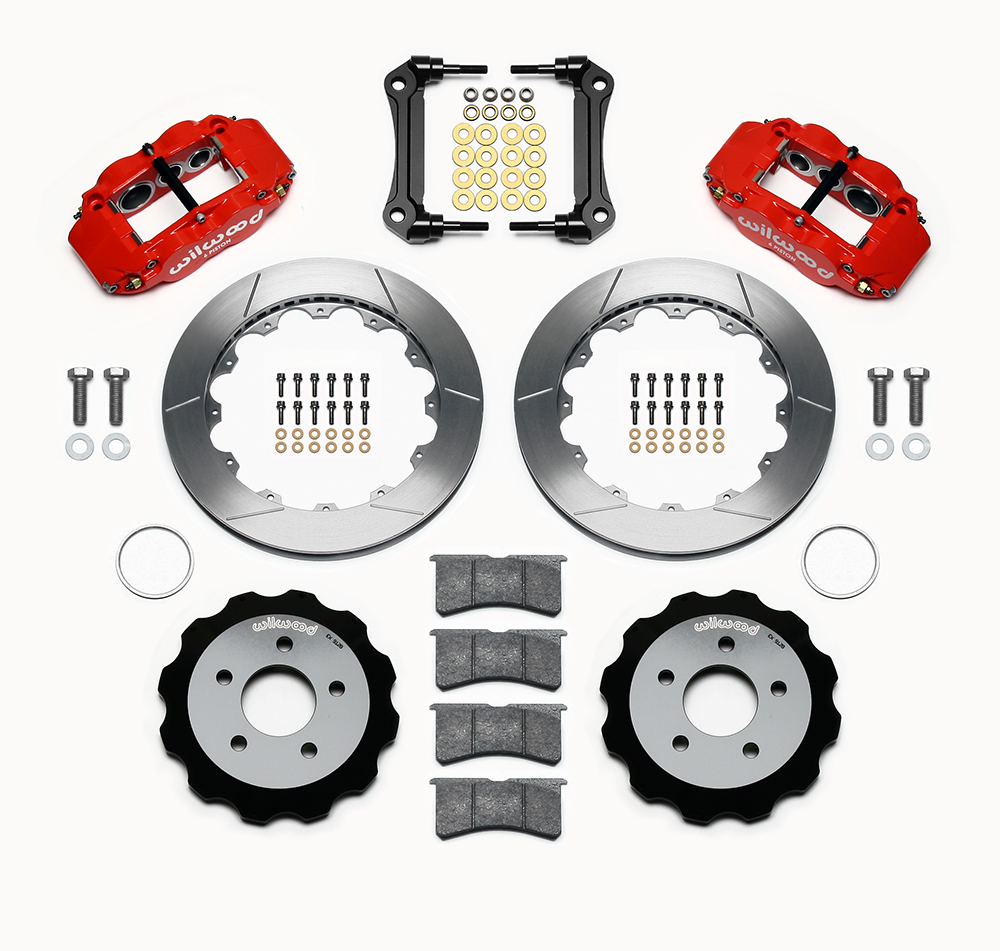 Wilwood Forged Narrow Superlite 6R Big Brake Front Brake Kit (Hat) Parts Laid Out - Red Powder Coat Caliper - GT Slotted Rotor