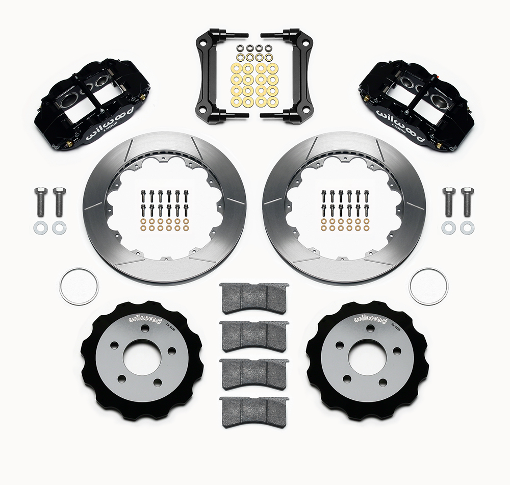 Wilwood Forged Narrow Superlite 6R Big Brake Front Brake Kit (Hat) Parts Laid Out - Black Powder Coat Caliper - GT Slotted Rotor