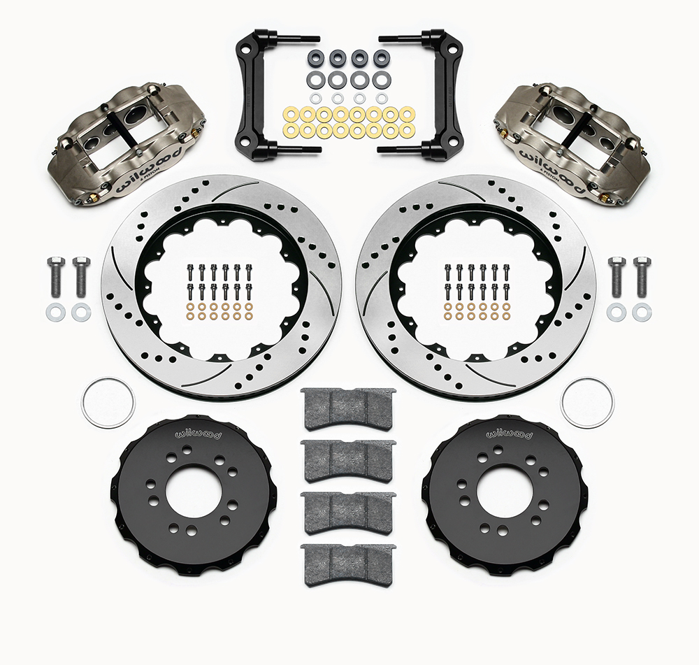 Wilwood Forged Narrow Superlite 6R Big Brake Front Brake Kit (Hat) Parts Laid Out - Nickel Plate Caliper - SRP Drilled & Slotted Rotor