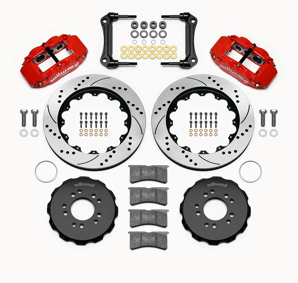 Wilwood Forged Narrow Superlite 6R Big Brake Front Brake Kit (Hat) Parts Laid Out - Red Powder Coat Caliper - SRP Drilled & Slotted Rotor