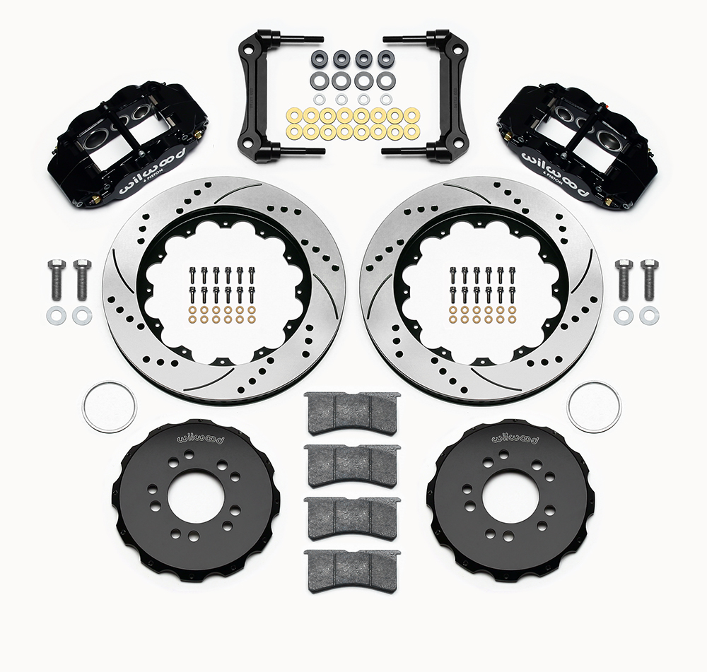 Wilwood Forged Narrow Superlite 6R Big Brake Front Brake Kit (Hat) Parts Laid Out - Black Powder Coat Caliper - SRP Drilled & Slotted Rotor