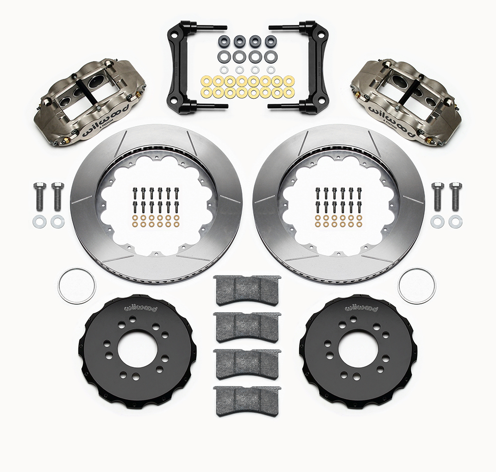 Wilwood Forged Narrow Superlite 6R Big Brake Front Brake Kit (Hat) Parts Laid Out - Nickel Plate Caliper - GT Slotted Rotor