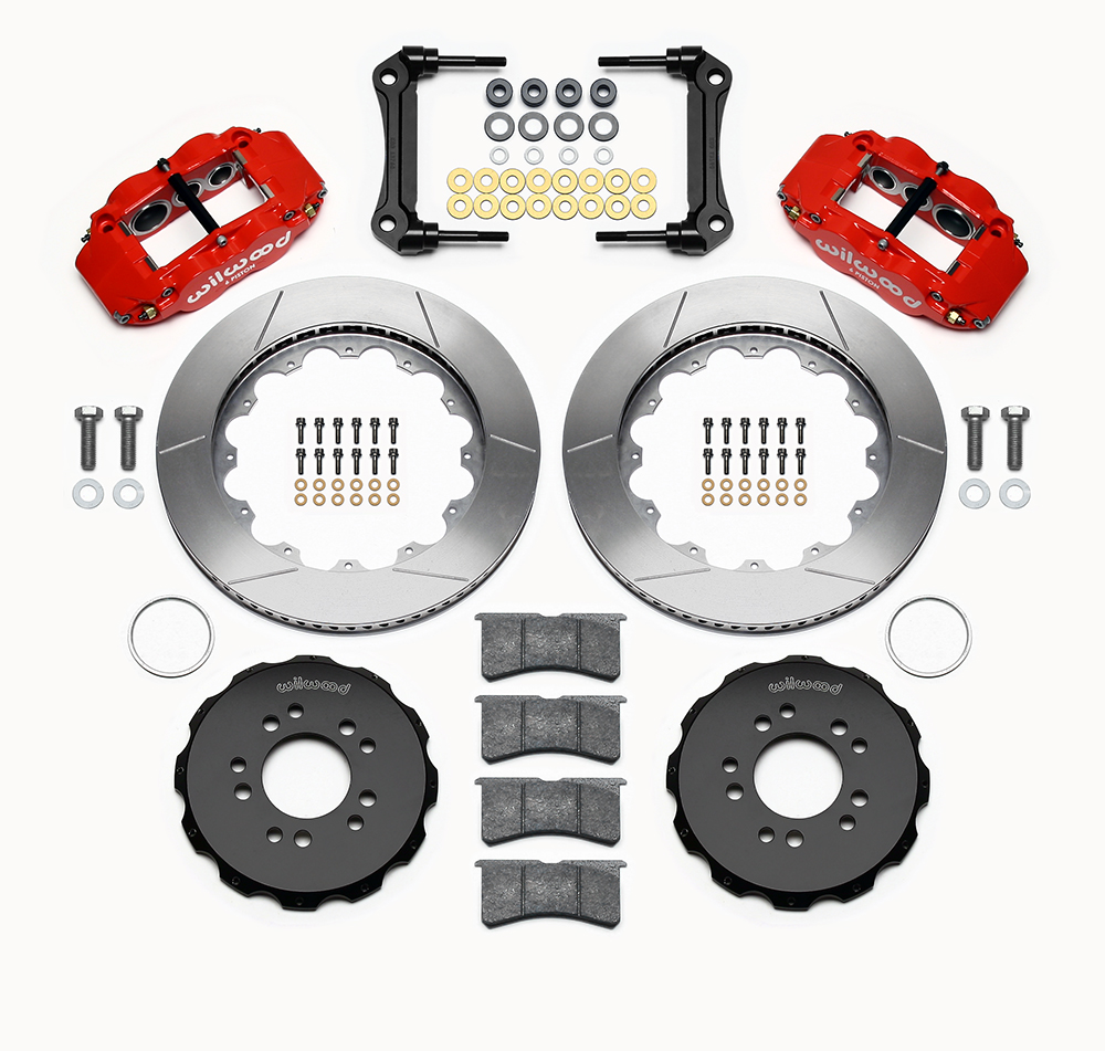 Wilwood Forged Narrow Superlite 6R Big Brake Front Brake Kit (Hat) Parts Laid Out - Red Powder Coat Caliper - GT Slotted Rotor