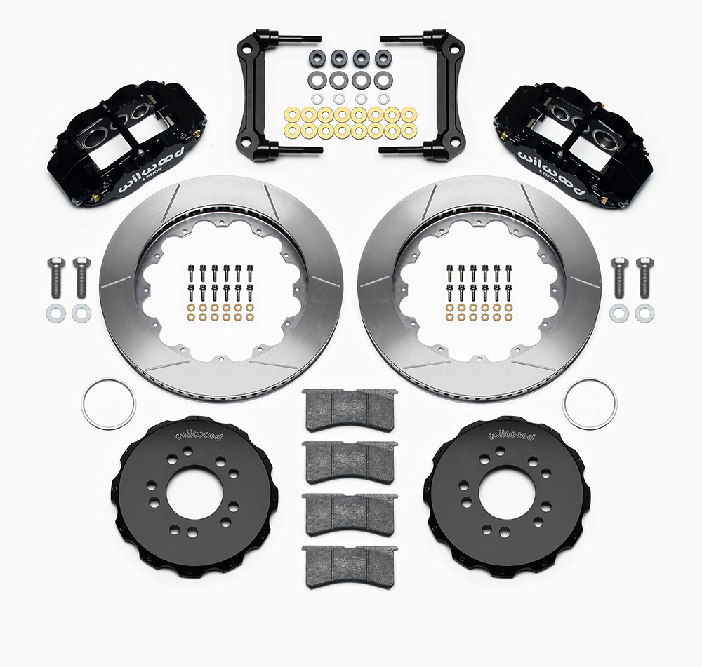 Wilwood Forged Narrow Superlite 6R Big Brake Front Brake Kit (Hat) Parts Laid Out - Black Powder Coat Caliper - GT Slotted Rotor