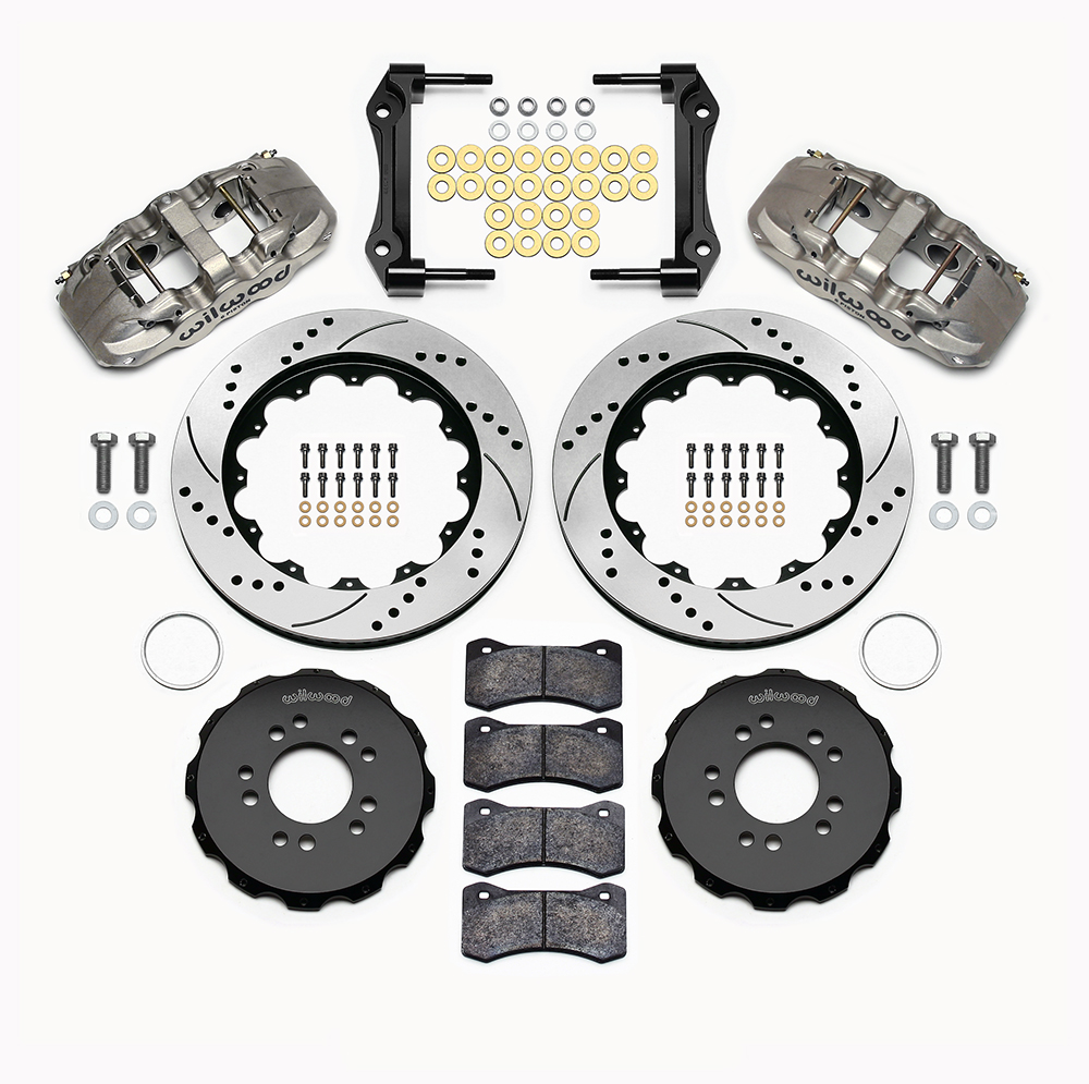 Wilwood AERO6 Big Brake Front Brake Kit Parts Laid Out - Nickel Plate Caliper - SRP Drilled & Slotted Rotor