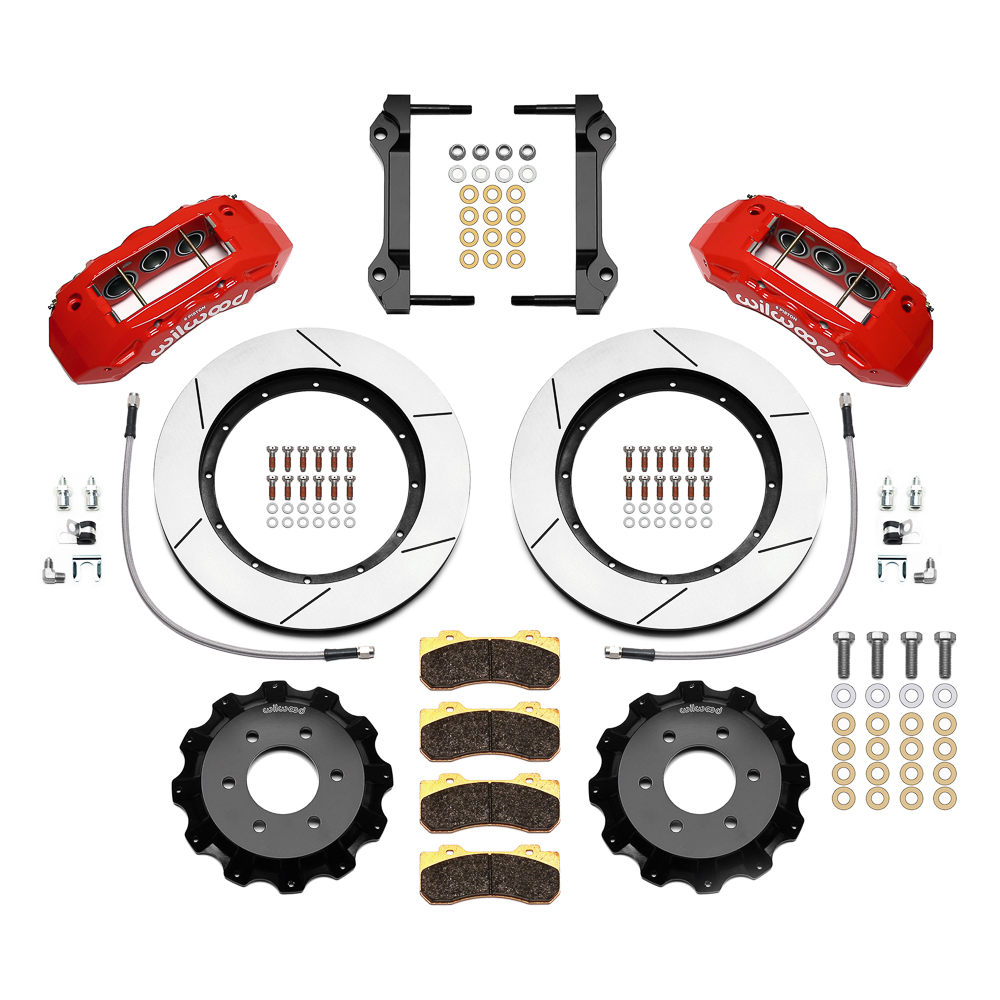 Wilwood TX6R Big Brake Truck Front Brake Kit Parts Laid Out - Red Powder Coat Caliper - GT Slotted Rotor