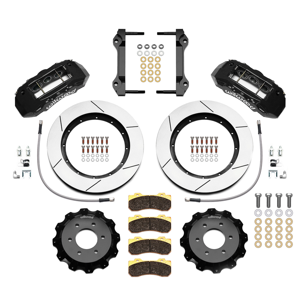 Wilwood TX6R Big Brake Truck Front Brake Kit Parts Laid Out - Black Powder Coat Caliper - GT Slotted Rotor