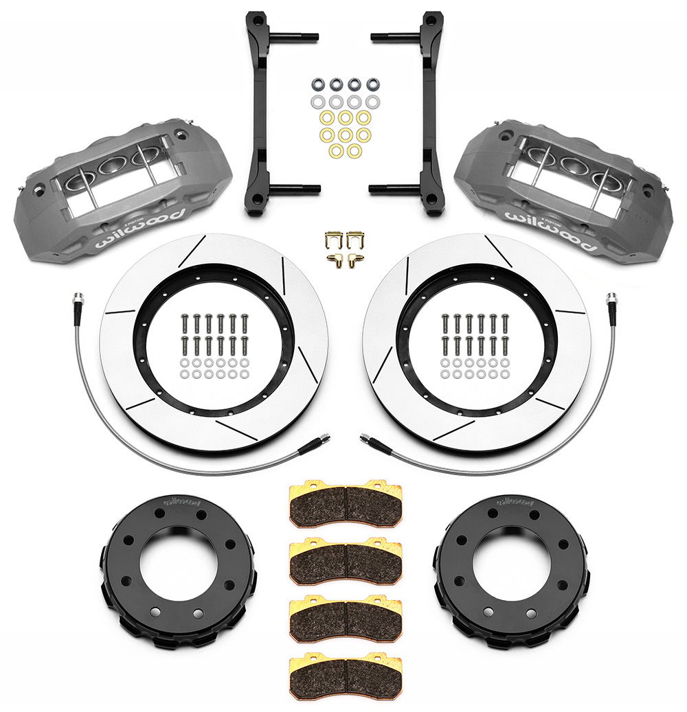 Wilwood TX6R Big Brake Truck Front Brake Kit Parts Laid Out - Type III Anodize Caliper - GT Slotted Rotor