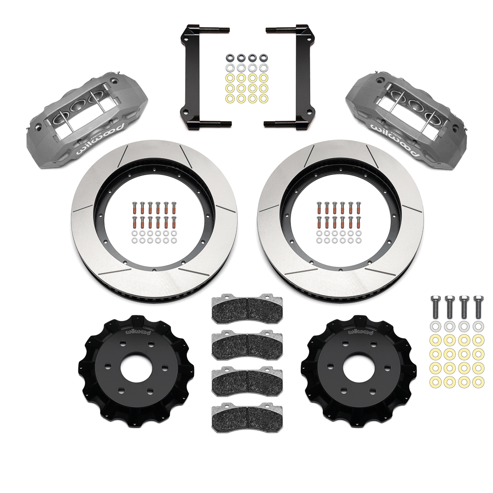 Wilwood TX6R Big Brake Truck Front Brake Kit Parts Laid Out - Type III Anodize Caliper - GT Slotted Rotor