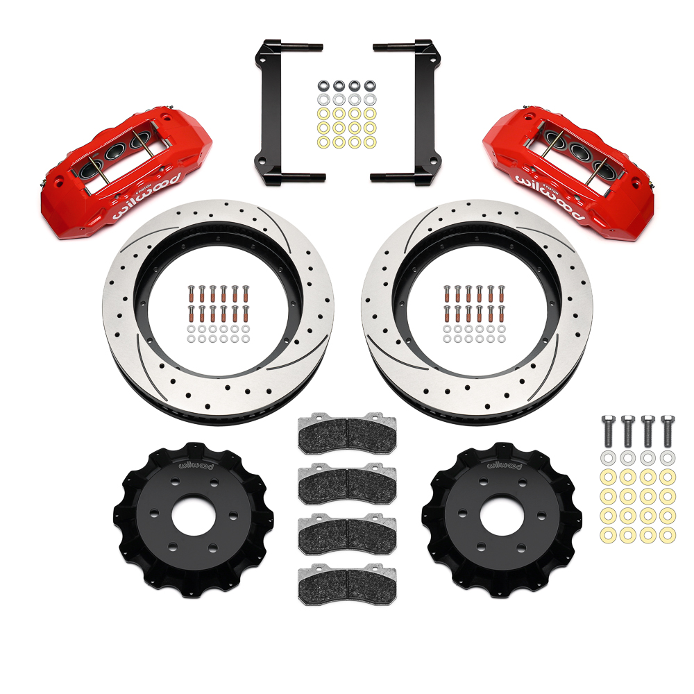 Wilwood TX6R Big Brake Truck Front Brake Kit Parts Laid Out - Red Powder Coat Caliper - SRP Drilled & Slotted Rotor