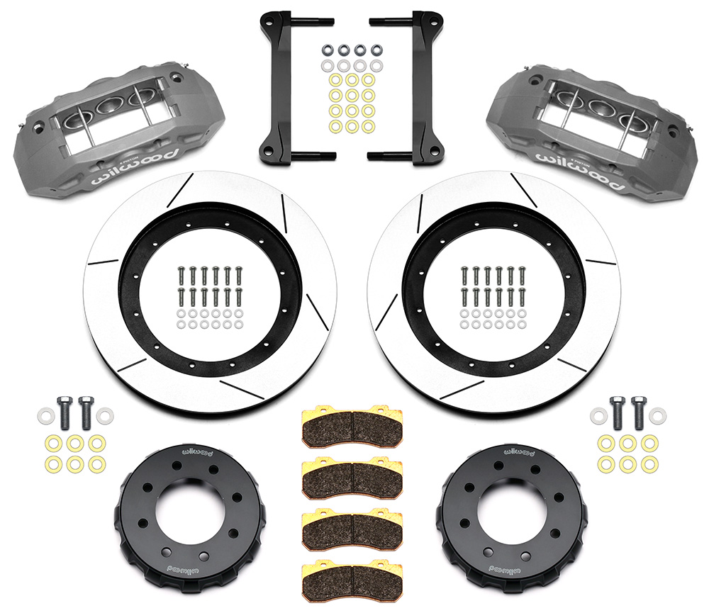 Wilwood TX6R Big Brake Truck Front Brake Kit Parts Laid Out - Type III Ano Caliper - GT Slotted Rotor