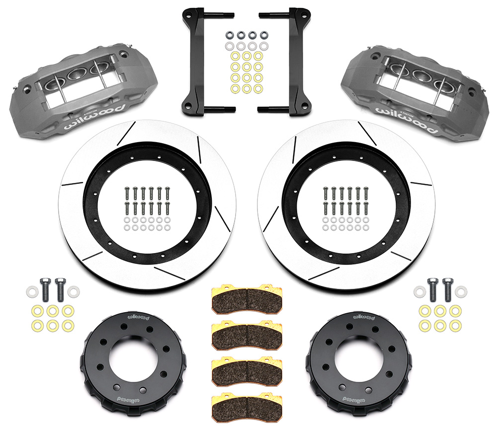 Wilwood TX6R Big Brake Truck Front Brake Kit Parts Laid Out - Type III Anodize Caliper - GT Slotted Rotor