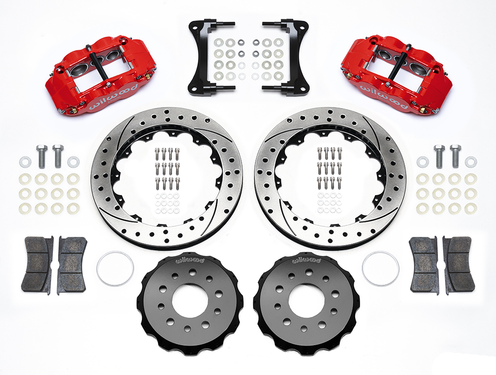 Wilwood Forged Narrow Superlite 6R Big Brake Front Brake Kit (Hat) Parts Laid Out - Red Powder Coat Caliper - SRP Drilled & Slotted Rotor