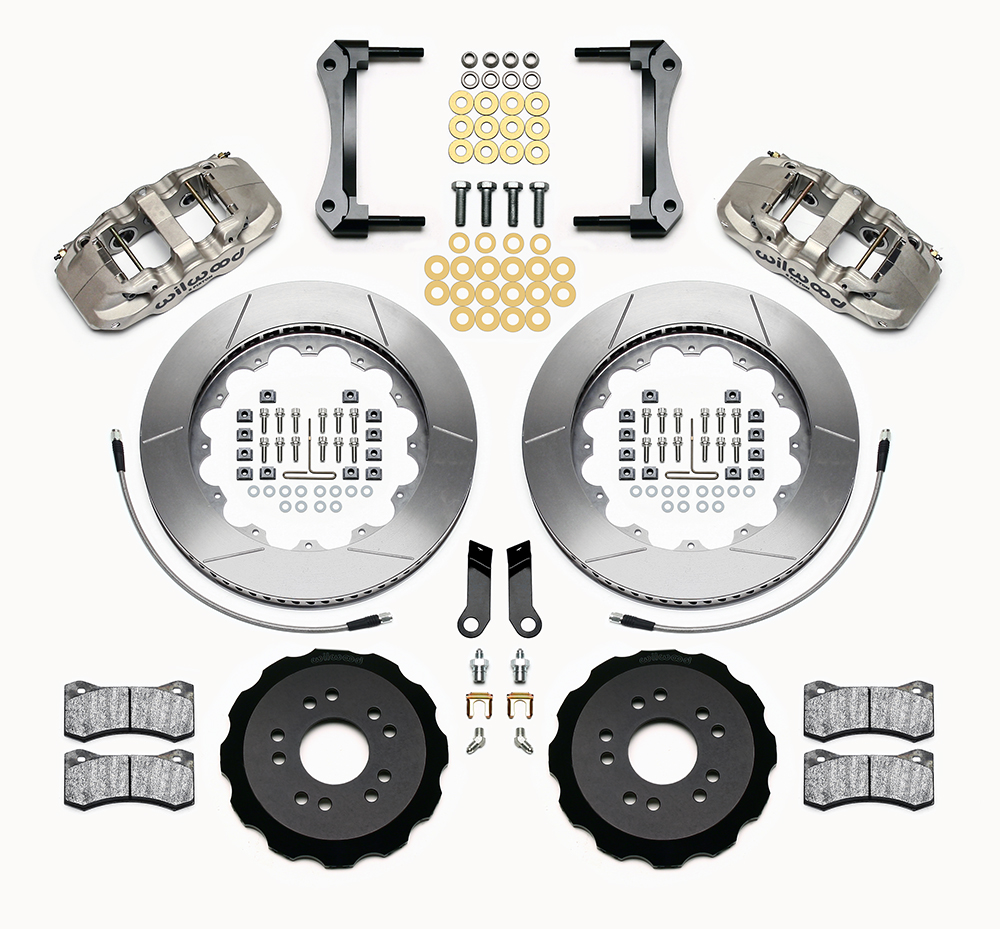 Wilwood AERO6 Big Brake Front Brake Kit (Race) Parts Laid Out - Nickel Plate Caliper - GT Slotted Rotor