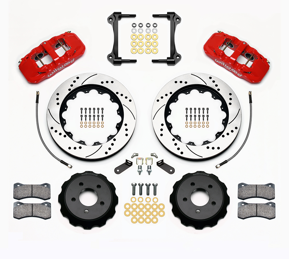 Wilwood AERO6 Big Brake Front Brake Kit Parts Laid Out - Red Powder Coat Caliper - SRP Drilled & Slotted Rotor