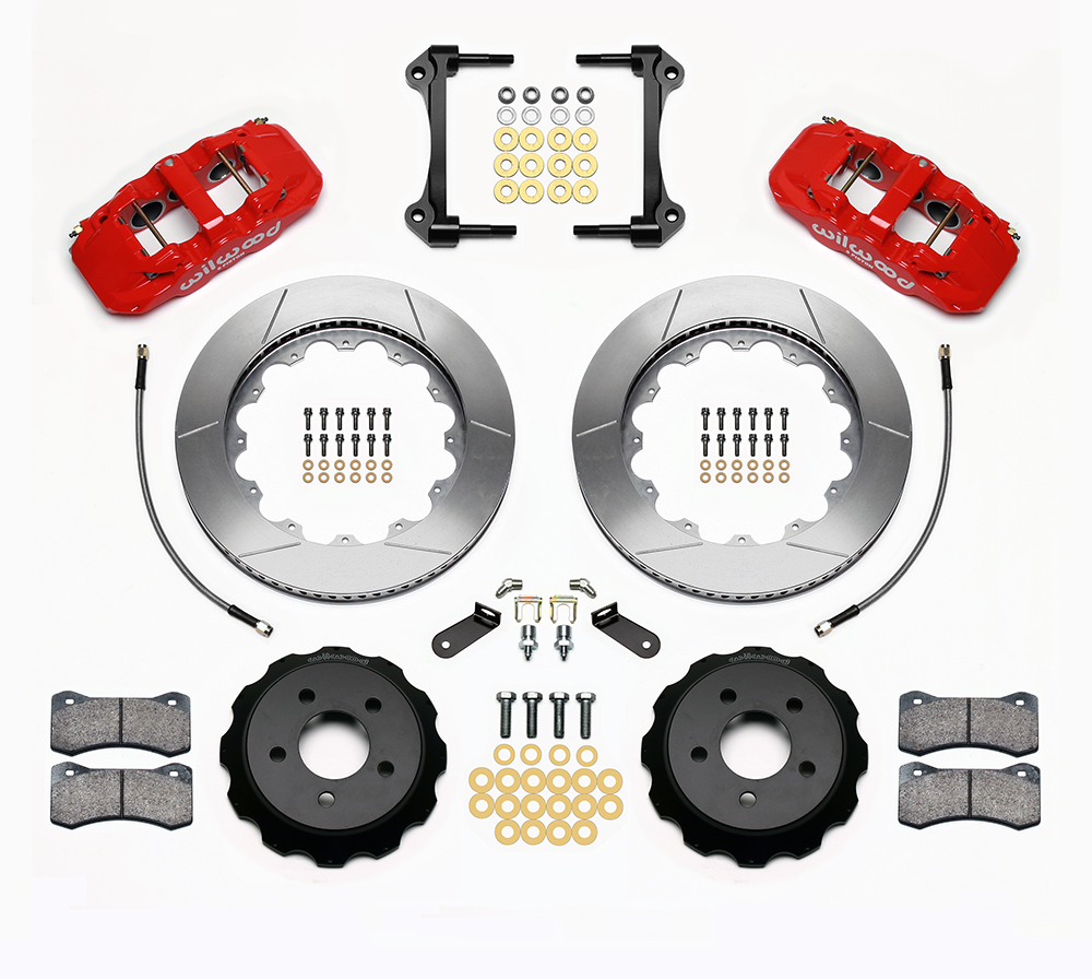 Wilwood AERO6 Big Brake Front Brake Kit Parts Laid Out - Red Powder Coat Caliper - GT Slotted Rotor