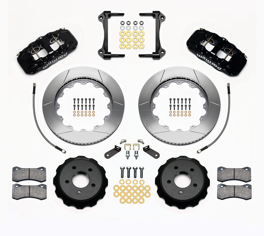 Wilwood AERO6 Big Brake Front Brake Kit Parts Laid Out - Black Powder Coat Caliper - GT Slotted Rotor