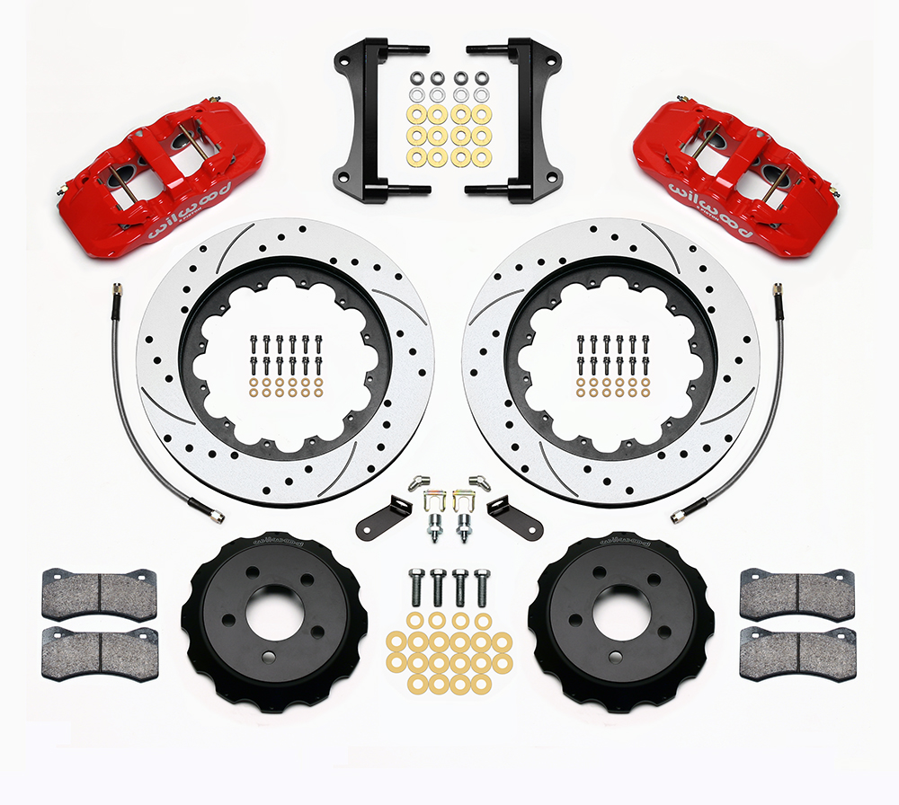 Wilwood AERO6 Big Brake Front Brake Kit Parts Laid Out - Red Powder Coat Caliper - SRP Drilled & Slotted Rotor