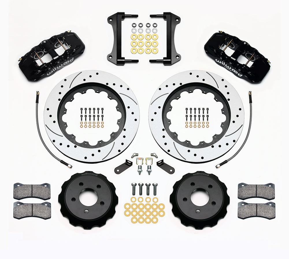 Wilwood AERO6 Big Brake Front Brake Kit Parts Laid Out - Black Powder Coat Caliper - SRP Drilled & Slotted Rotor