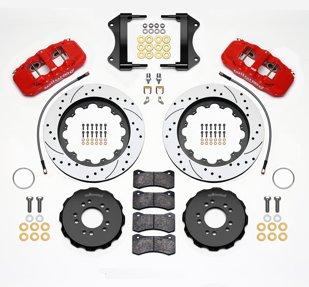 Wilwood AERO6 Big Brake Front Brake Kit Parts Laid Out - Red Powder Coat Caliper - SRP Drilled & Slotted Rotor