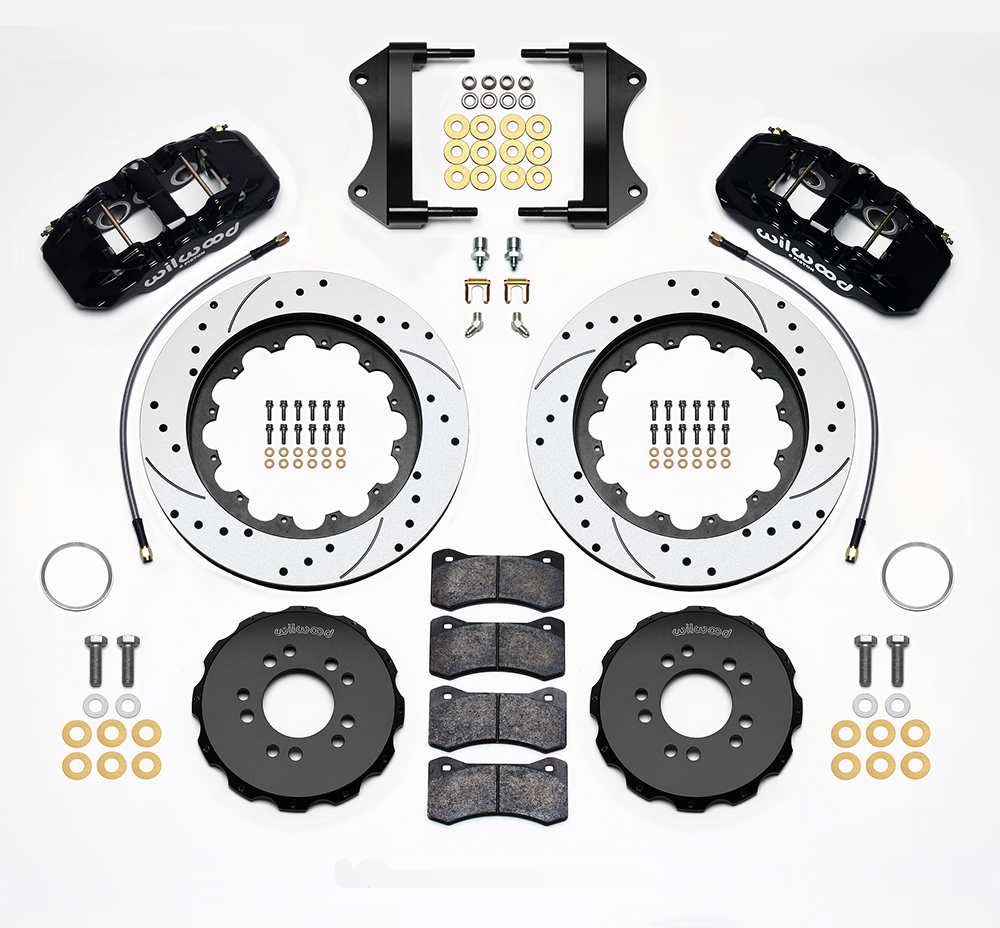 Wilwood AERO6 Big Brake Front Brake Kit Parts Laid Out - Black Powder Coat Caliper - SRP Drilled & Slotted Rotor