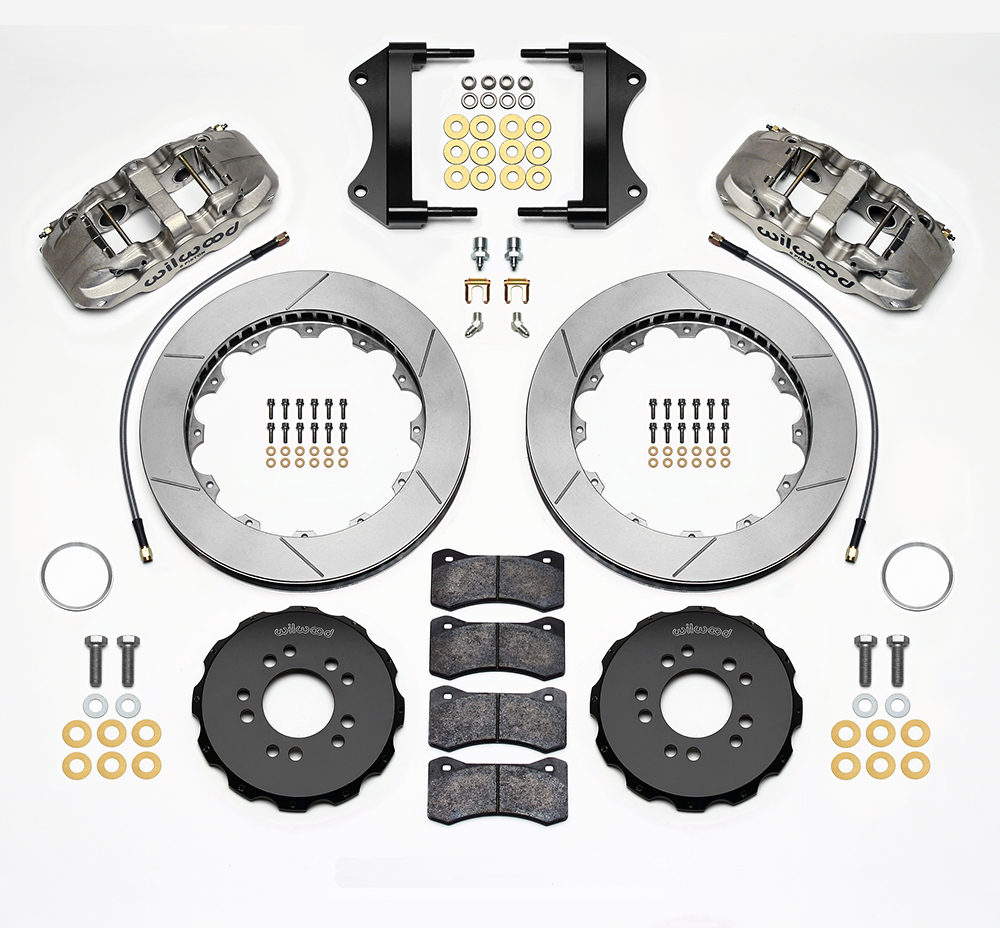 Wilwood AERO6 Big Brake Front Brake Kit Parts Laid Out - Nickel Plate Caliper - GT Slotted Rotor