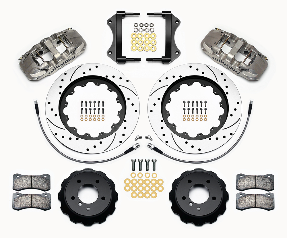 Wilwood AERO6 Big Brake Front Brake Kit Parts Laid Out - Nickel Plate Caliper - SRP Drilled & Slotted Rotor