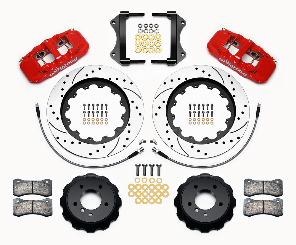 Wilwood AERO6 Big Brake Front Brake Kit Parts Laid Out - Red Powder Coat Caliper - SRP Drilled & Slotted Rotor