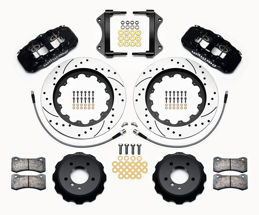 Wilwood AERO6 Big Brake Front Brake Kit Parts Laid Out - Black Powder Coat Caliper - SRP Drilled & Slotted Rotor