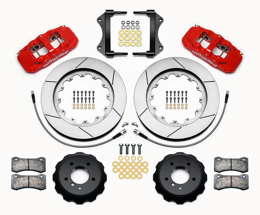 Wilwood AERO6 Big Brake Front Brake Kit Parts Laid Out - Red Powder Coat Caliper - GT Slotted Rotor