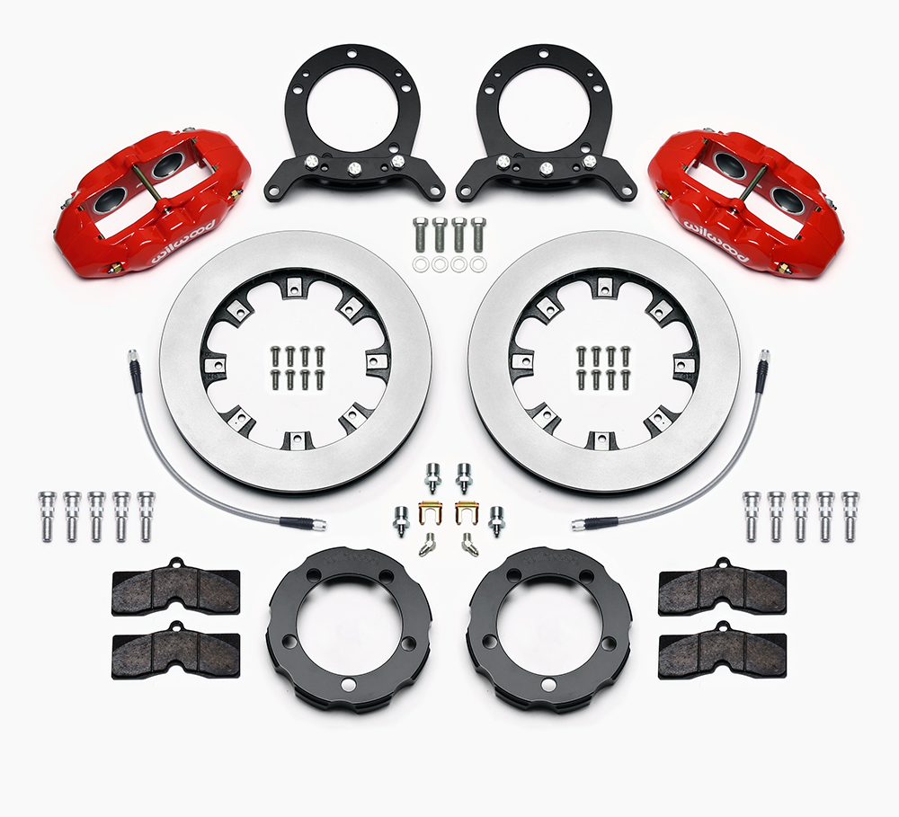 Wilwood D8-4 Truck Front Brake Kit Parts Laid Out - Red Powder Coat Caliper - Plain Face Rotor