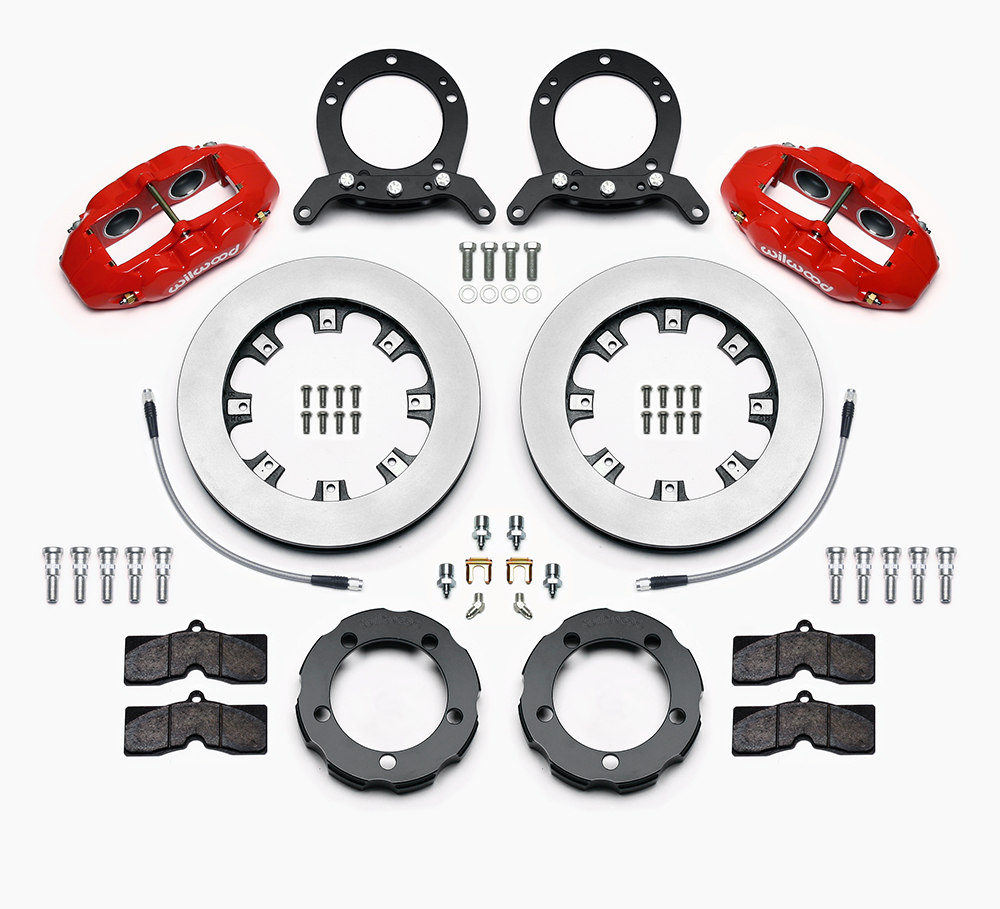 Wilwood D8-4 Truck Front Brake Kit Parts Laid Out - Red Powder Coat Caliper - Plain Face Rotor