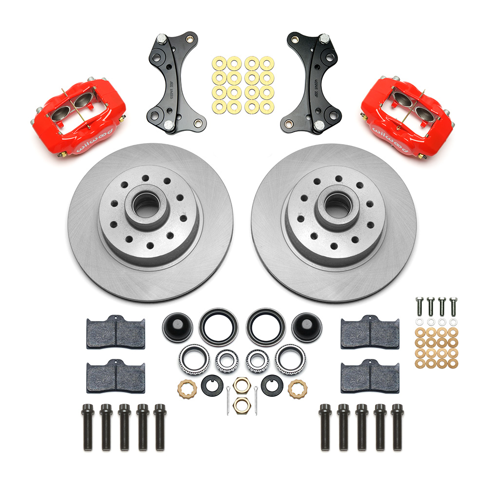 Wilwood Classic Series Dynalite Front Brake Kit Parts Laid Out - Red Powder Coat Caliper - Plain Face Rotor