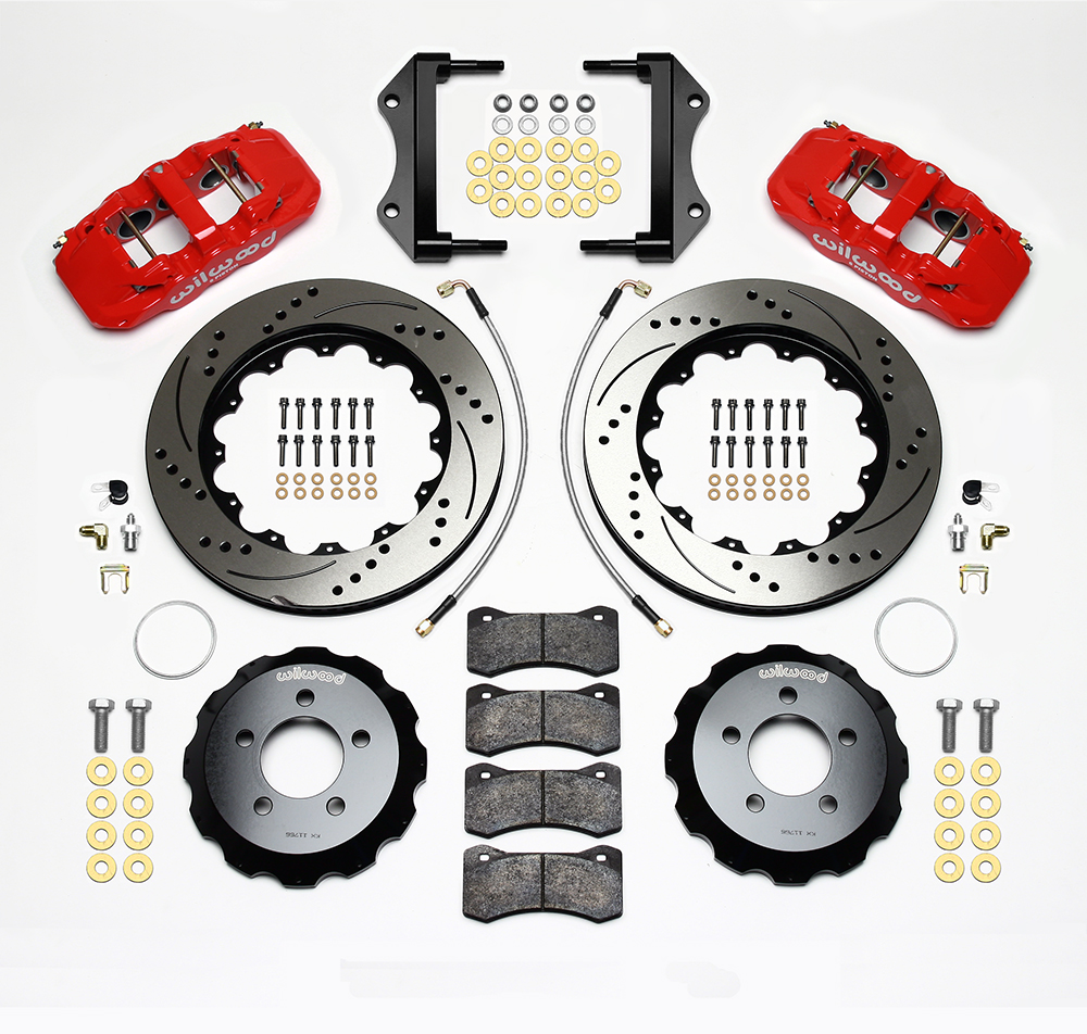 Wilwood AERO6 Big Brake Front Brake Kit Parts Laid Out - Red Powder Coat Caliper - SRP Drilled & Slotted Rotor