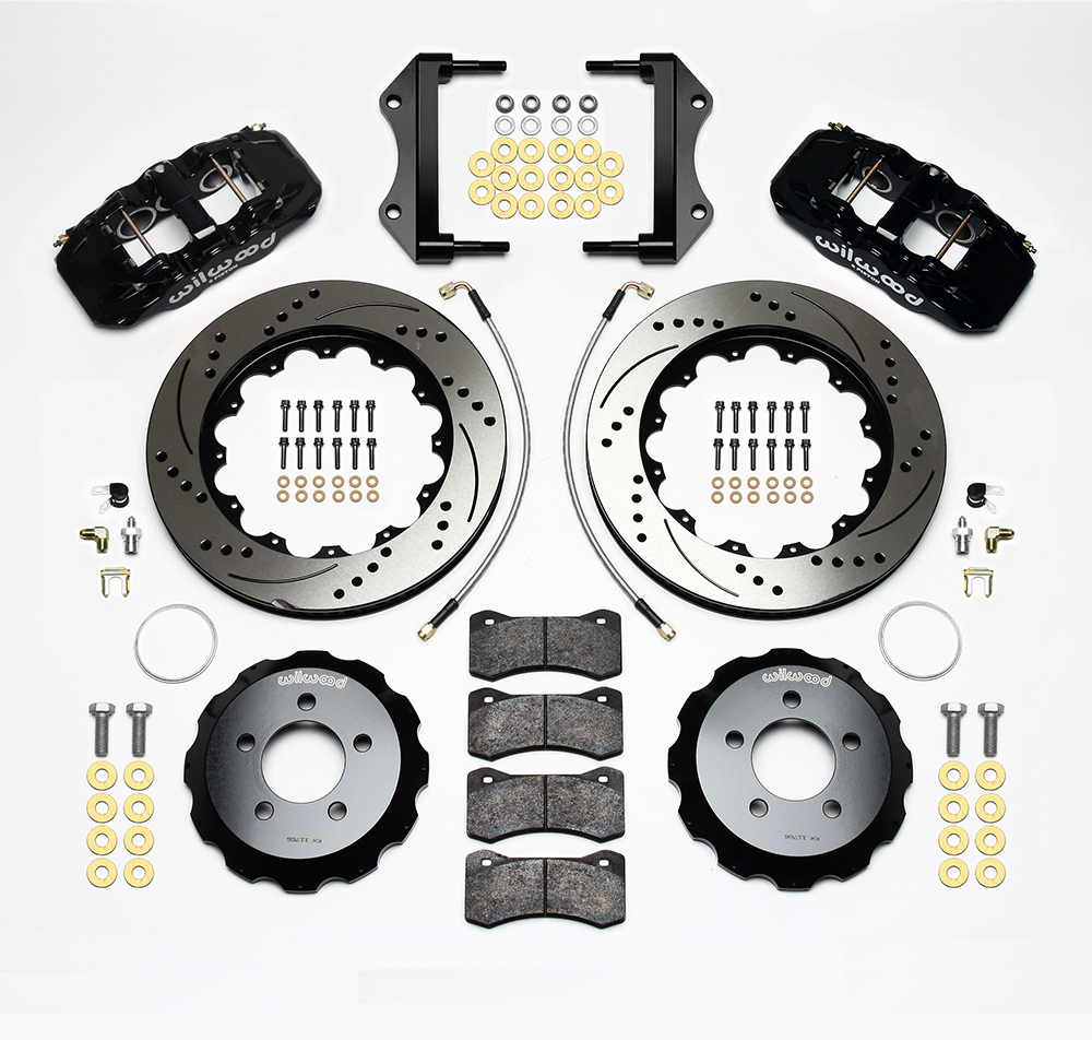 Wilwood AERO6 Big Brake Front Brake Kit Parts Laid Out - Black Powder Coat Caliper - SRP Drilled & Slotted Rotor